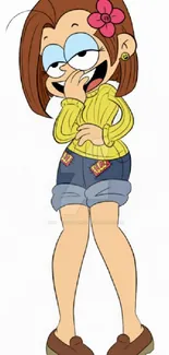 Cartoon character with flower accessory, wearing casual outfit.