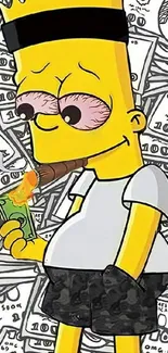 Yellow cartoon character with money and cigar.
