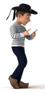 Cartoon character with a mobile phone, in striped attire and brown hat.