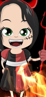 Cartoon character with devil horns and pitchfork in fiery setting.