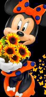 Cartoon character with sunflowers and butterflies on a black background.