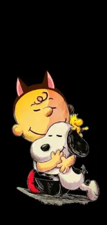 Cute cartoon characters hugging on black background.