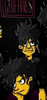 Yellow cartoon characters in black suits, artistic design.