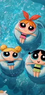 Cartoon characters floating in a blue water scene.