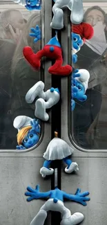 Cartoon characters cling to subway doors.