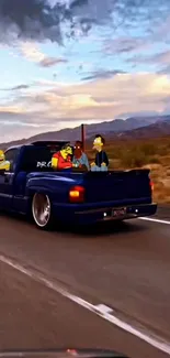 Cartoon characters having fun in a truck on a scenic desert road.