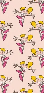 Cartoon characters in pink and yellow on a light pink background wallpaper.