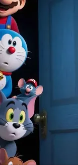 Cartoon characters peeking through a door.