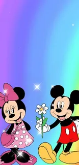 Colorful cartoon characters on a rainbow background.