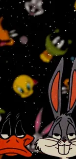 Cartoon characters on a galaxy-themed background.