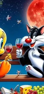 Cartoon characters enjoy drinks under a red moon night.