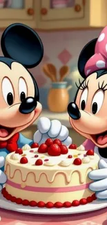 Cartoon mice delightfully holding a cake.