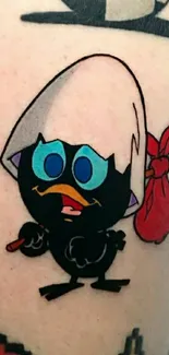 Cartoon chick tattoo with retro style on skin.