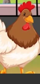 A cartoon chicken standing beside an egg on a farm background.