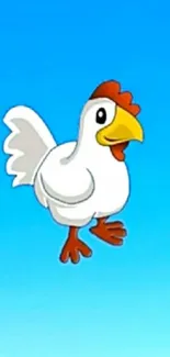 Cartoon chicken flying against a sky-blue background.