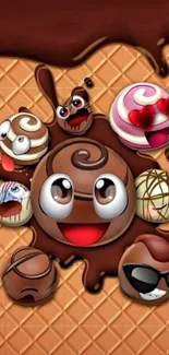 Cartoon chocolate emojis on waffle wallpaper