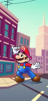 Cartoon character in a vibrant cityscape setting with dynamic pose.