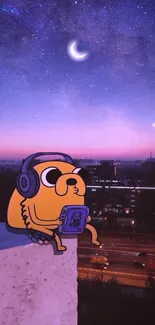 Cartoon character on ledge under starry purple night sky.