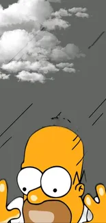 Cartoon character with clouds on grey background.