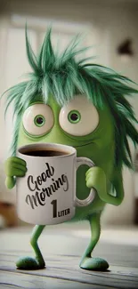 Green cartoon creature holding a coffee mug with 'Good Morning' text.