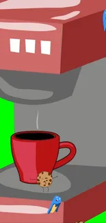 Cartoon coffee maker with red cup and cookies.