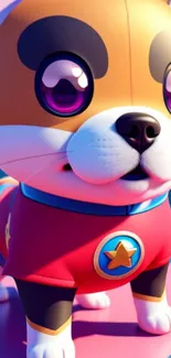 Colorful cartoon corgi with purple eyes and star on red outfit.