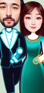 Cartoon couple caricature illustration with teal background.