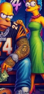 Cartoon couple in urban style attire with vibrant colors.