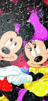 Colorful cartoon couple wallpaper with hearts.