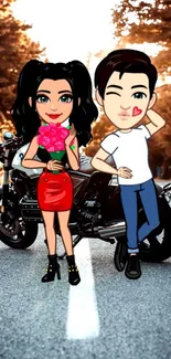 Cartoon couple with motorcycle background, featuring a fun and romantic theme.