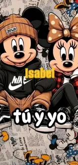 Mickey and Minnie cartoon wallpaper with playful theme.