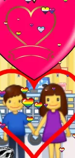 Colorful wallpaper of a cartoon couple with hearts.