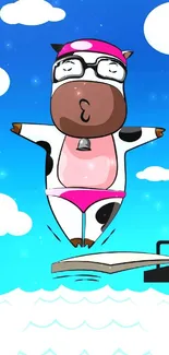 Cartoon cow in pink swimsuit diving into ocean.