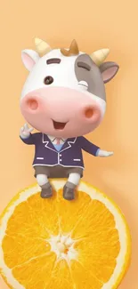 Cartoon cow wearing suit sitting on orange slice with peach background.