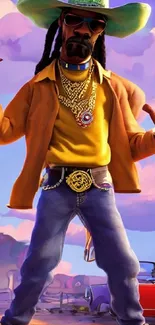 Animated cowboy with hat in vibrant colors and dynamic pose.