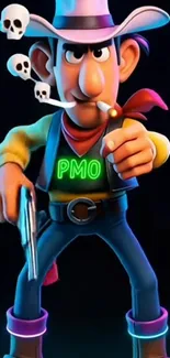 Animated cowboy with neon skulls and vibrant colors.