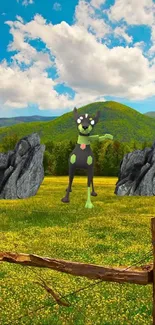 Cartoon creature in a colorful natural landscape with mountains and clear skies.