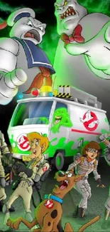 Cartoon crossover wallpaper with ghostbusters and colorful characters.