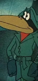 Cartoon bird detective in green attire standing against a vintage background.