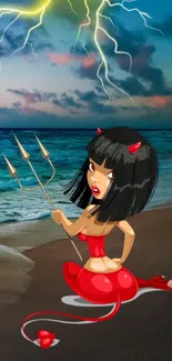 Cartoon devil girl on beach with lightning in stormy sky.