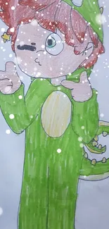 Cartoon character in dinosaur costume with snowflakes background.