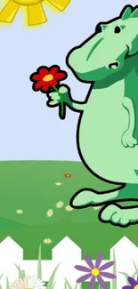 Cartoon dinosaur holding a flower in a sunny field.