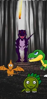 Colorful cartoon dinosaurs in a dark forest.