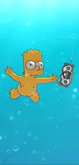 Cartoon character diving underwater, chasing a dollar bill.