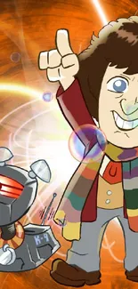 Cartoon doctor with robot dog in a vibrant space-time vortex.