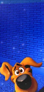 Cartoon dog on a blue brick wall background with shadows and stars.