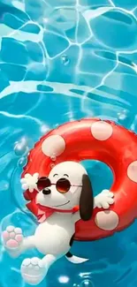 Cartoon dog relaxing on a float in a bright blue pool.