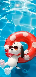 Cartoon dog lounging in a pool with a red float.