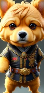 A cute cartoon dog wearing intricate royal attire on a mobile wallpaper.