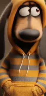 Cartoon dog in a striped hoodie looking curious.